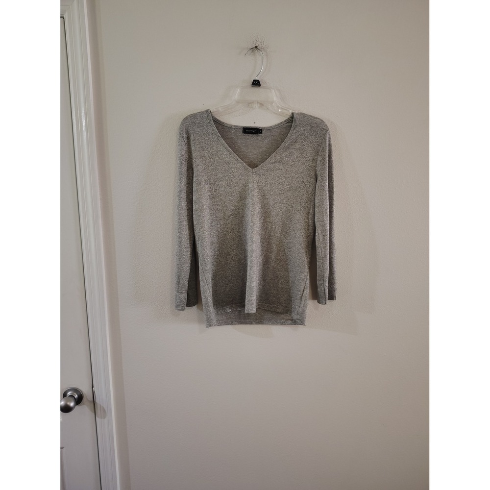 Womyn Silver‎ Metallic V-Neck Sweater Womens Large Long Sleeve Shimmer Knit Top